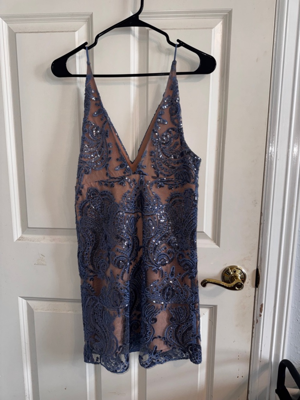 Free People Blue Sequin Lace V-Neck Mini Dress